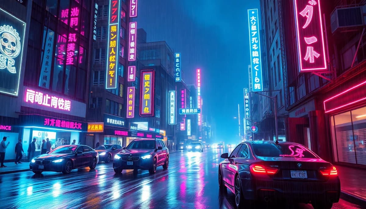 Cyberpunk art AI style — neon-lit futuristic cityscape with dramatic purple and blue lighting